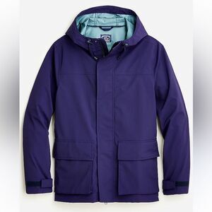 J.CREW Brunswick Rain Jacket Blue Size medium Hooded Zip Up Buttons packable EUC